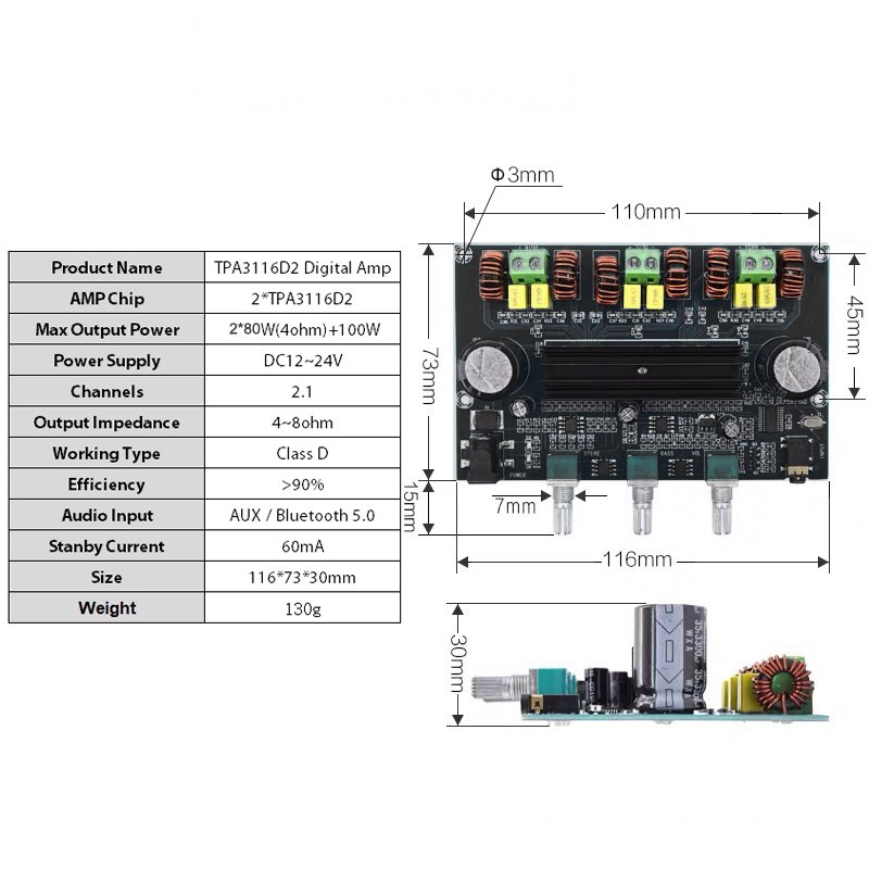 5.0 2*80W+100W TPA3116D2 Audio Power Amplifier Board 2.1 Channel TPA3116 Stereo Subwoofer Equalizer AUX Class D Amp