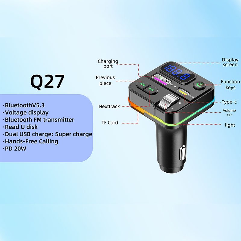 Q27 FM Transmitter Audio MP3 Player 3.1A Quick Charge Dual USB Car Charger BT Kit Receiver with LED Light