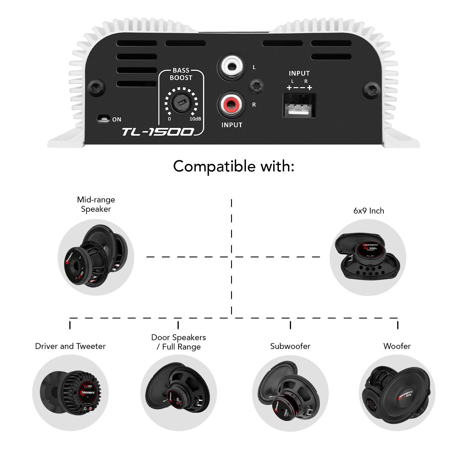 Taramps TL 1500 Full Range 390 Watts 3 Channels Car Audio 2 Stereo Channels 1 Sub Channel Amplifier RCA Wire Input Bass Boost