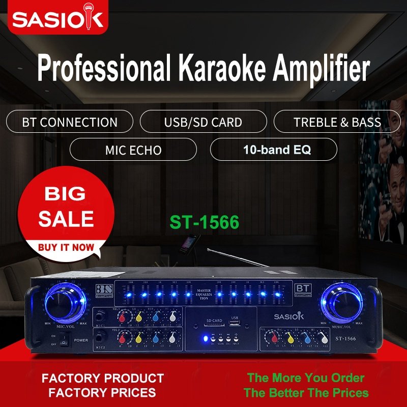 10-band Graphic Equalizer ST-1566 AC/DC Power Mic. Echo/delay HIFI Around Sound Amplifier with BT/USB/SD/AUX/FM Radio Functions.