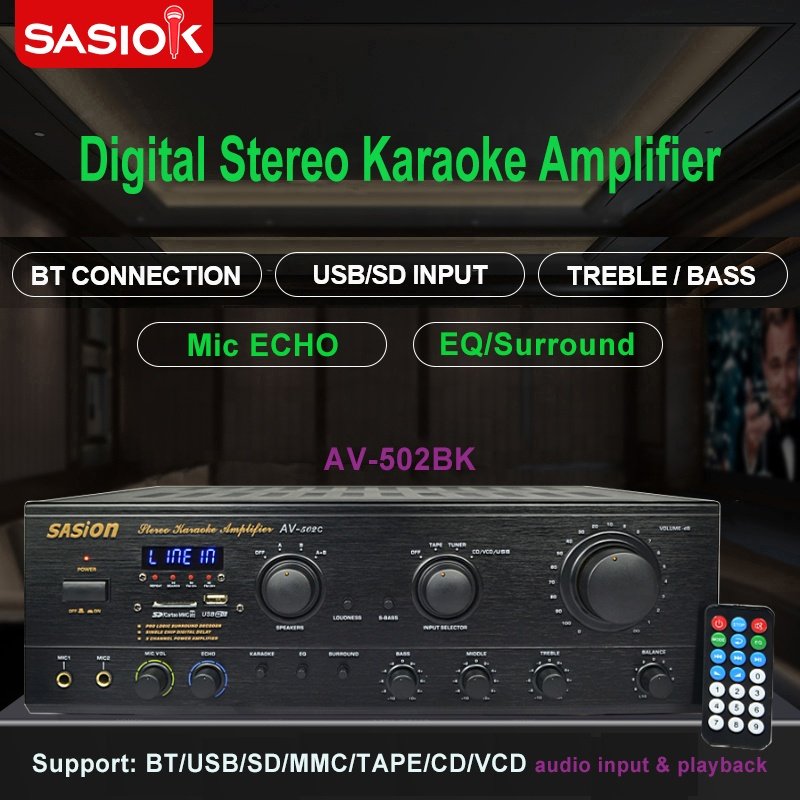 AV-502BK EQ/Surround Sound Mic Echo Digital Stereo Karaoke Amplifier Support BT/USB/SD/MMC/CD/VCD/TAPE/TUNER & LED Display.