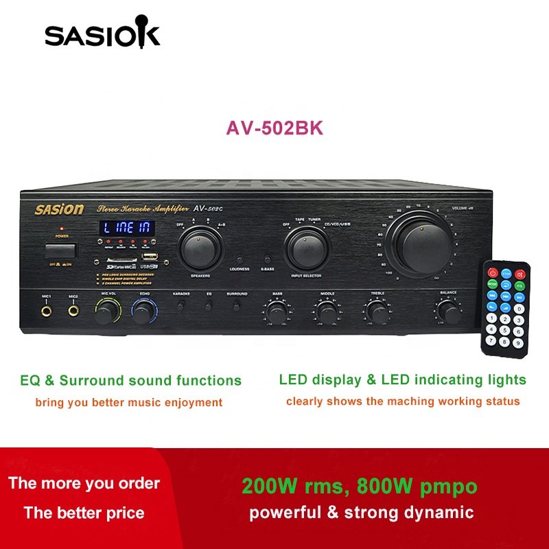 AV-502BK EQ/Surround Sound Mic Echo Digital Stereo Karaoke Amplifier Support BT/USB/SD/MMC/CD/VCD/TAPE/TUNER & LED Display.