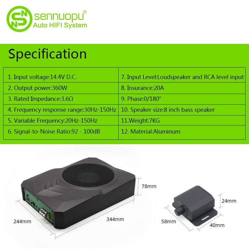 Sennuopu Car Active 8" Subwoofer Power Car Audio Under Seat Subwoofer