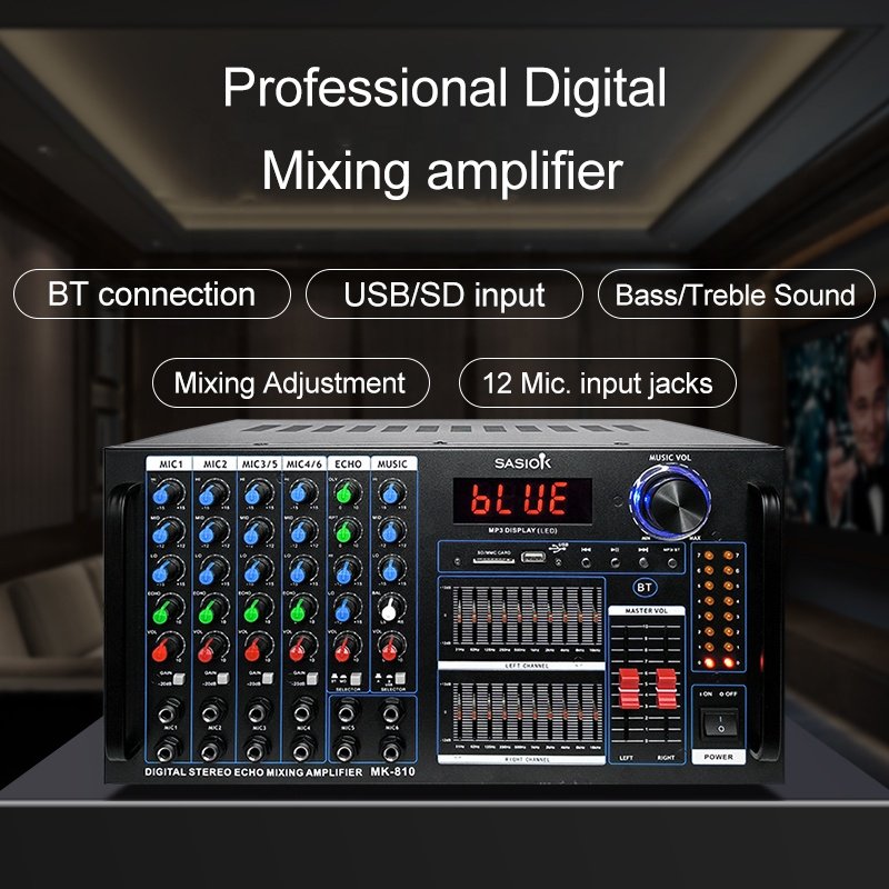 MK-810 20-band EQ 12-mic. Input Professional Karaoke Amplifier with BT/USB/SD/MMC/MP3 & LED Display Functions.