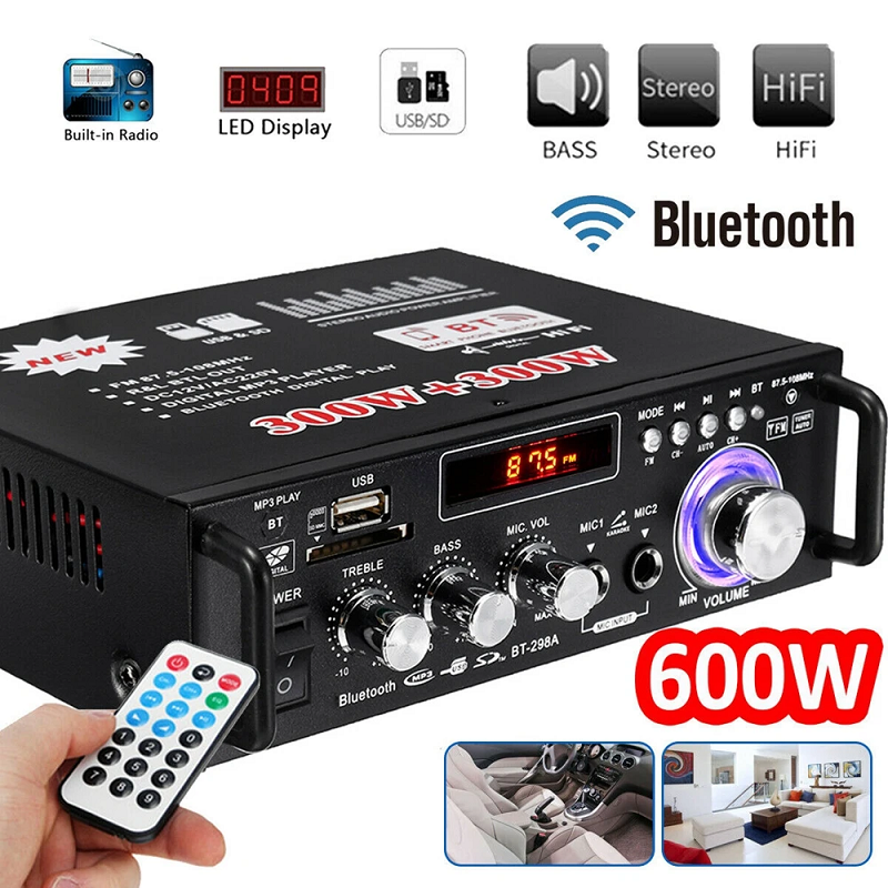 BT-298A Digital HIFI Audio Stereo Power Amplifier 300W+300W Bluetooth Amplifiers 12V/ 220V