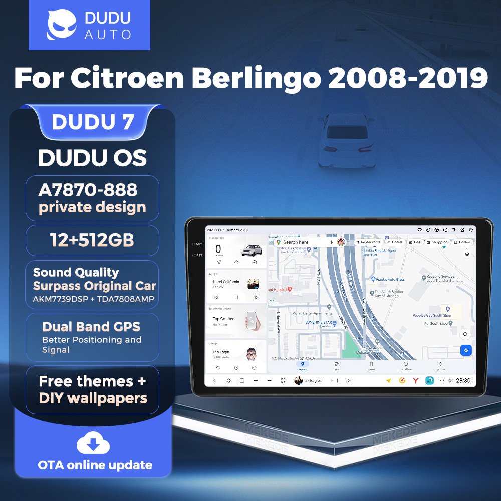 MEKEDE DUDUAUTO Car Dashboard Stereo Touch Screen Android 13 Double Din Headunit 5G WiFi BT GPS for Citroen Berlingo 2008-2019
