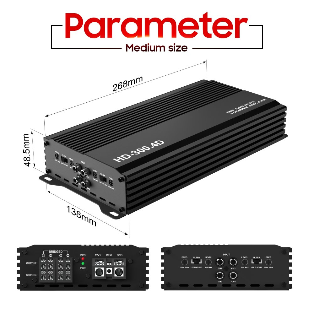 HD-300.4D Class D 4 Channels RMS 4*300W Max 3600w Compact Size High Power Car Amplifier 12V