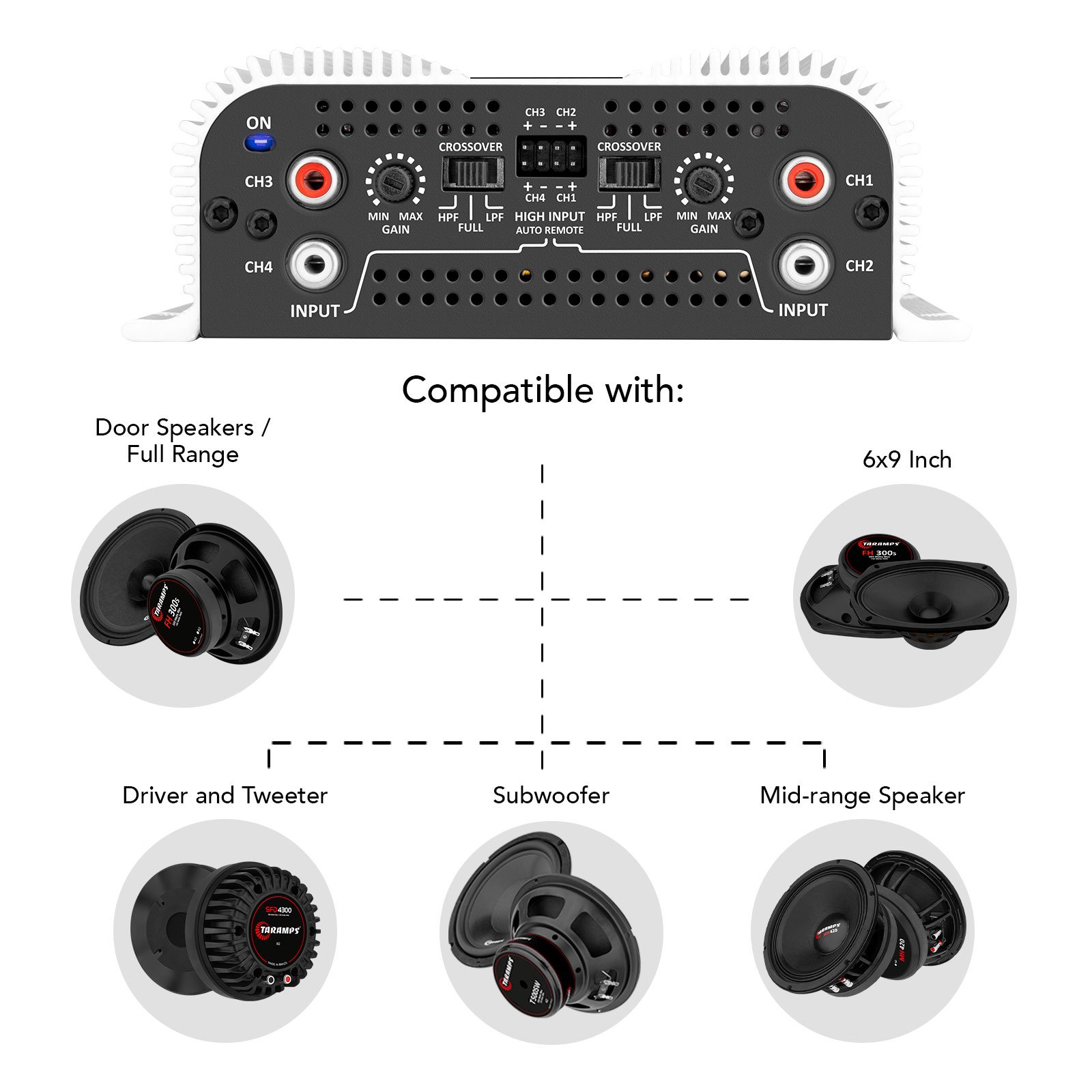 Taramps TS 800x4 Traditional RCA Inputs 800 Watts Rms at 2 Ohms 4 Channels Class D Amplifier 14.4VDC Full Range