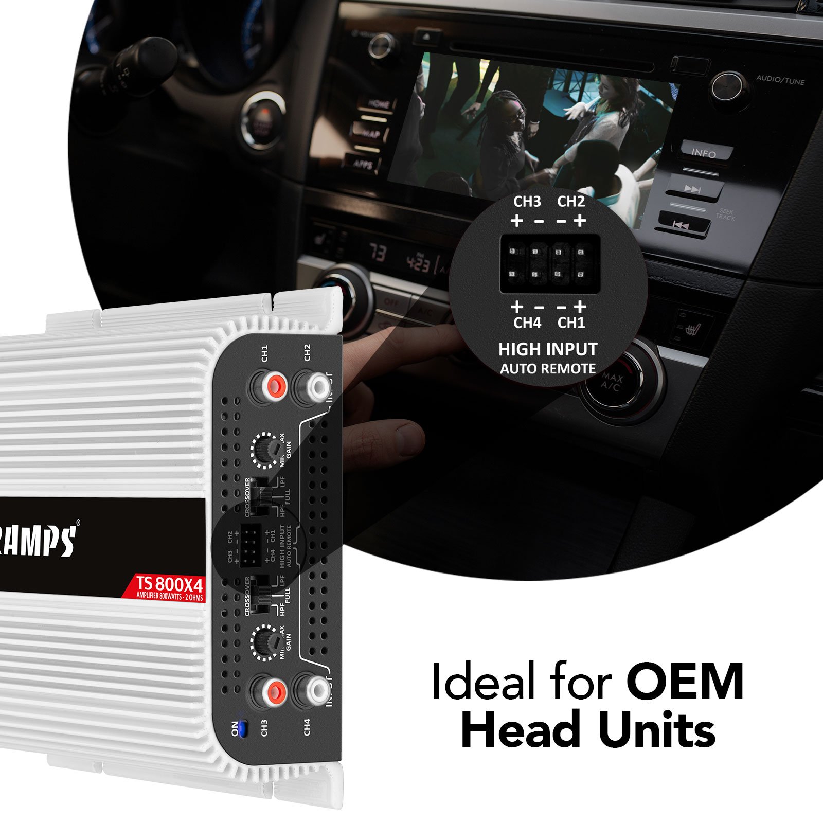Taramps TS 800x4 Traditional RCA Inputs 800 Watts Rms at 2 Ohms 4 Channels Class D Amplifier 14.4VDC Full Range