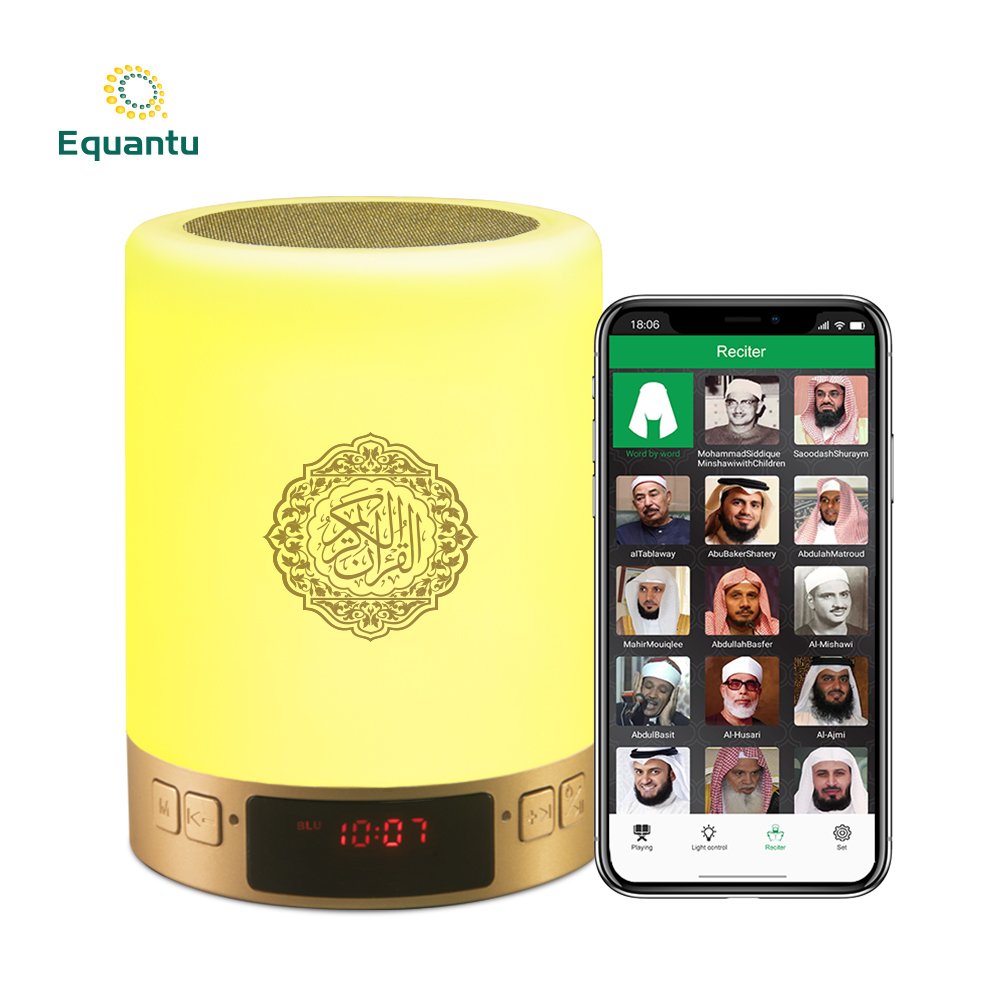 Equantu Muslim Bluetooth Speaker with Toung Night Light Quran Surah Reading APP Control Islamic Gift for Muslim Prayer