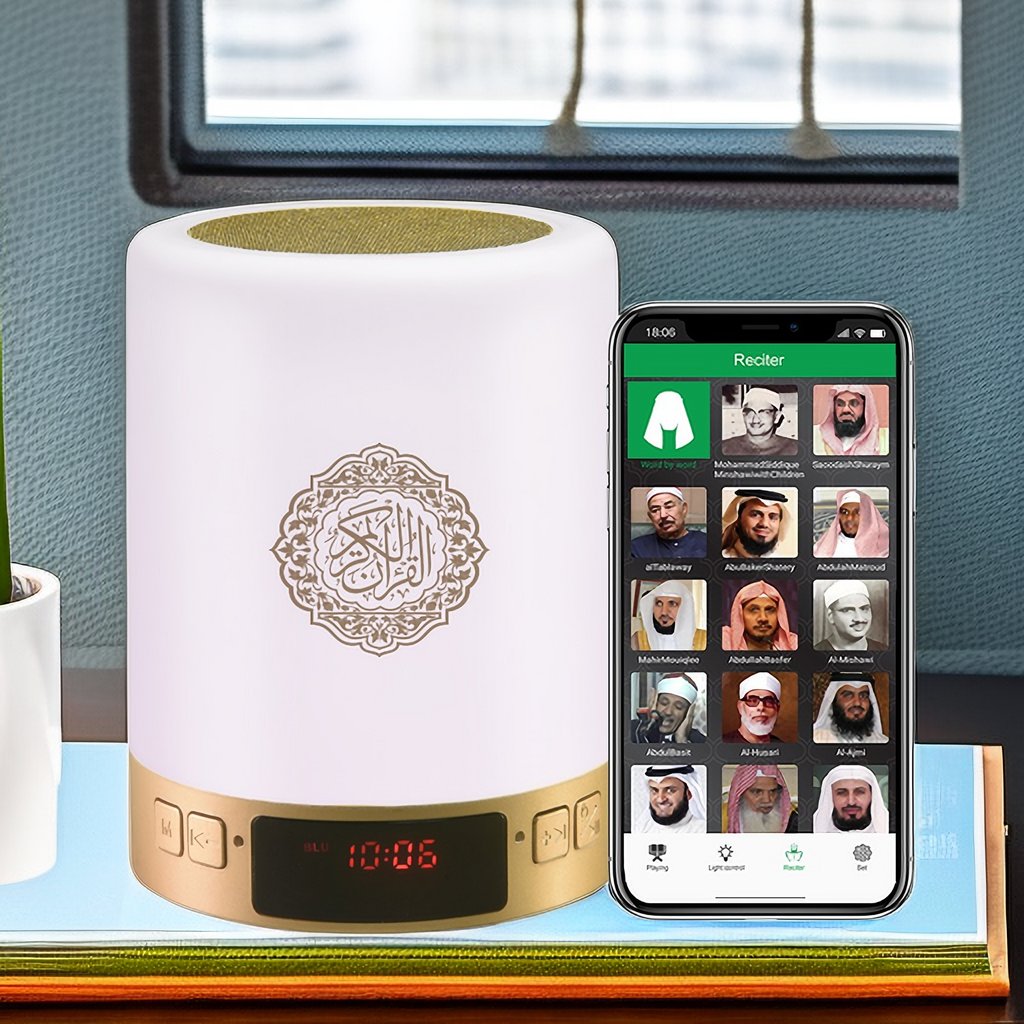 Equantu Muslim Bluetooth Speaker with Toung Night Light Quran Surah Reading APP Control Islamic Gift for Muslim Prayer