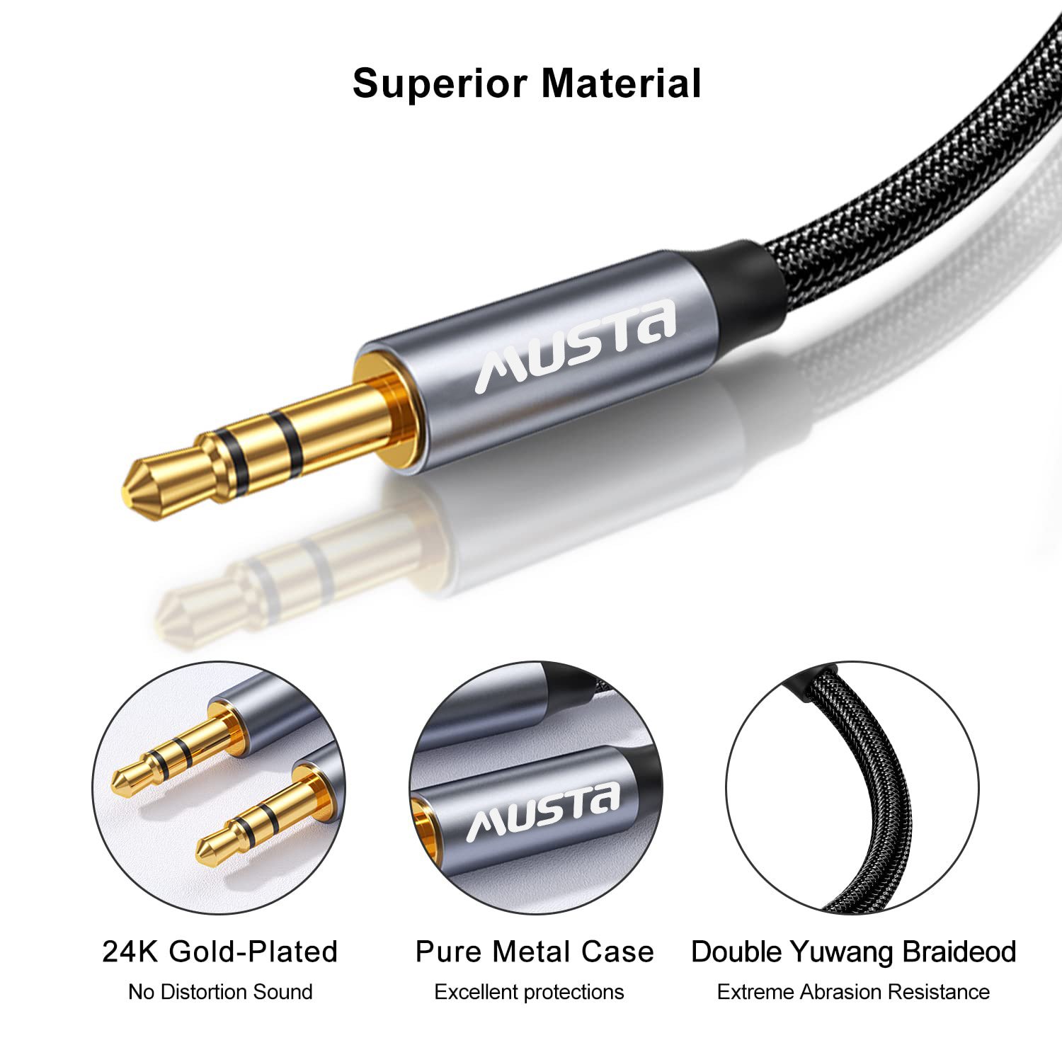 Grey 24K Gold plated 3.5mm audio jack Male to Male pure metal case 3.5mm audio aux cable Stereo Cord Compatible with Headphones