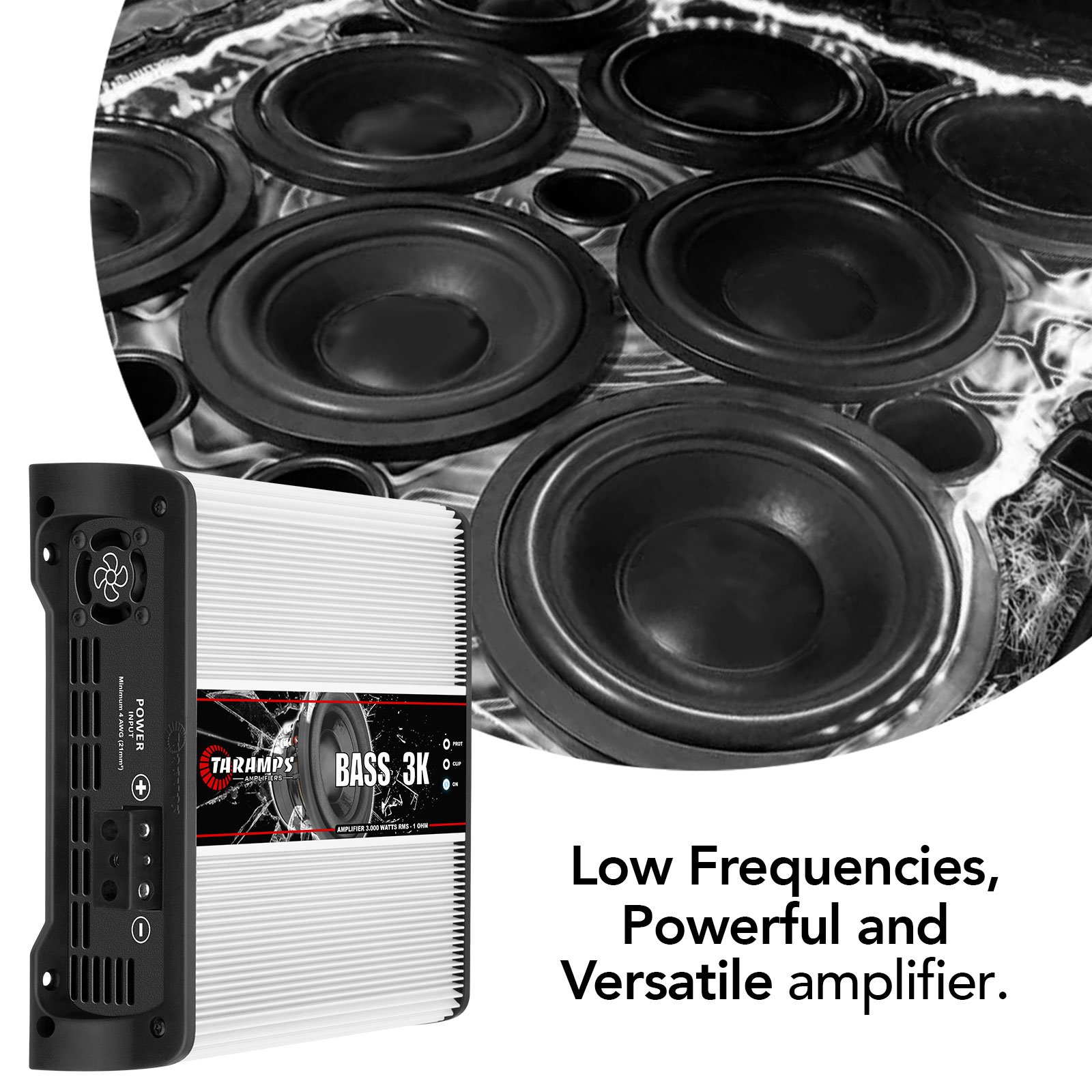 Taramps Bass 3k 1 Channel of 1 Ohm 3000 Watts RMS Class D Amplifier Mono Car Audio 14.4 VDC, Monoblock, Max Power Amp, White