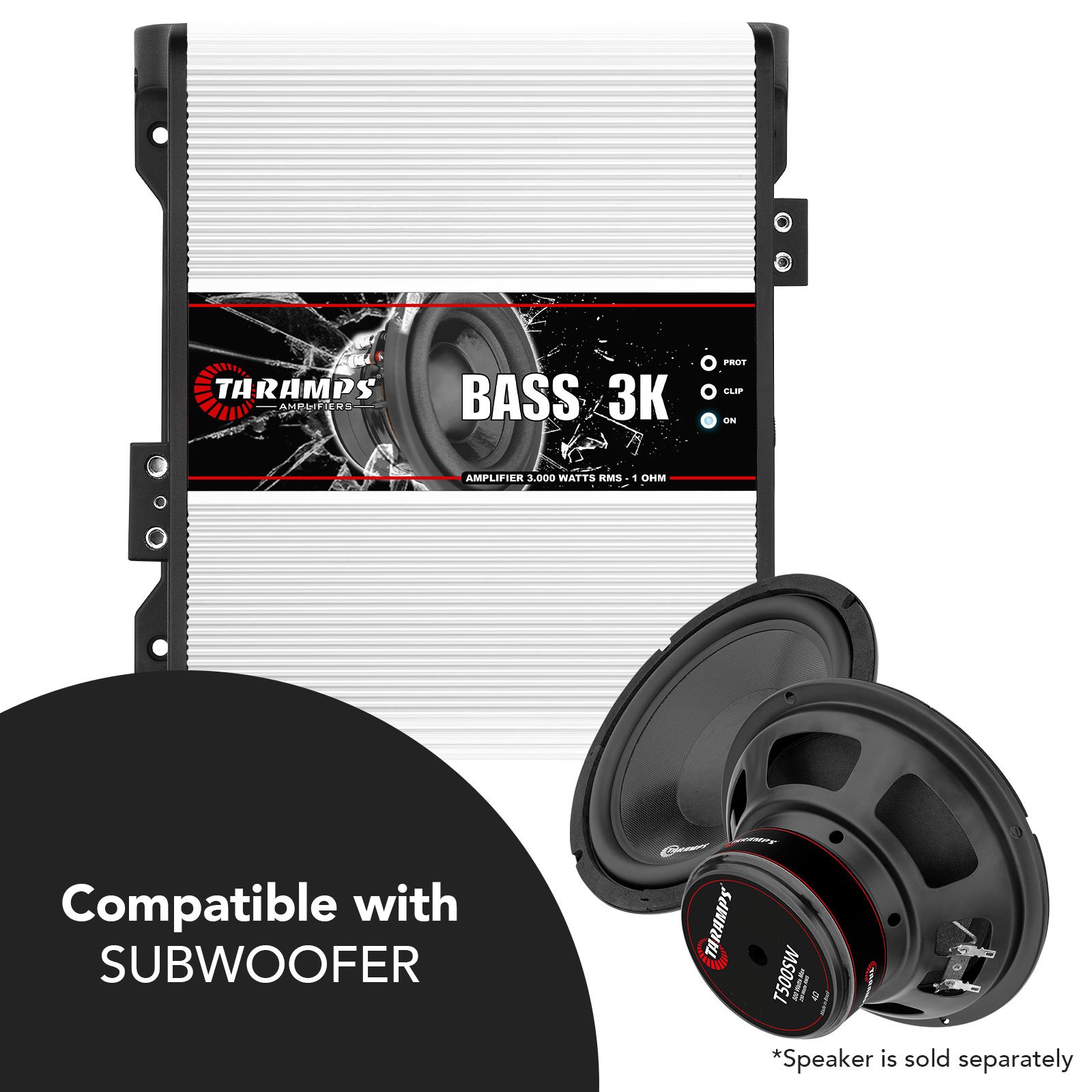Taramps Bass 3k 1 Channel of 1 Ohm 3000 Watts RMS Class D Amplifier Mono Car Audio 14.4 VDC, Monoblock, Max Power Amp, White
