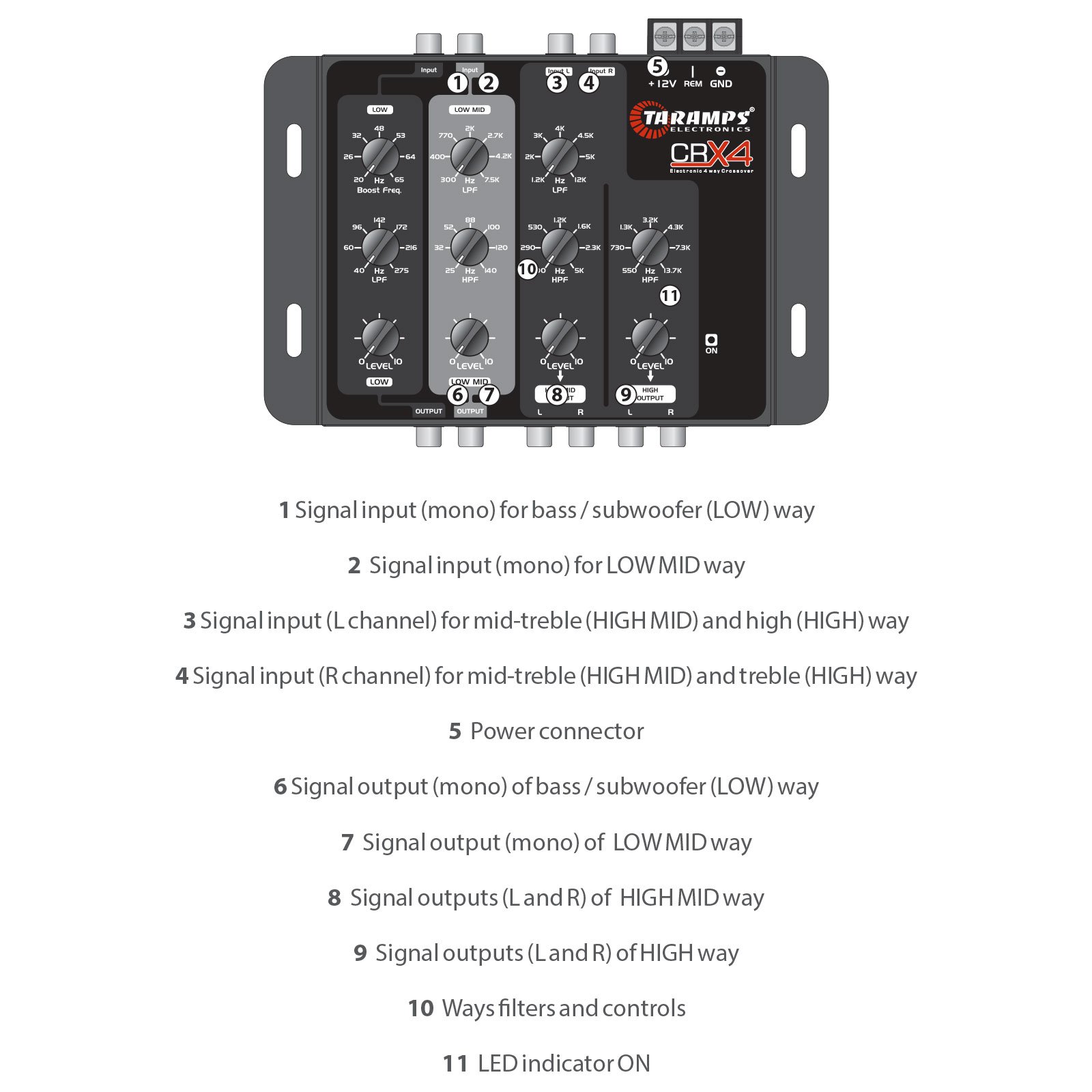 Crossover Taramps Crx4 4 Way Rca Channels 8 Volts Rms Car Audio Processor Stereo Equalizer Great for Low High with Bass Boost