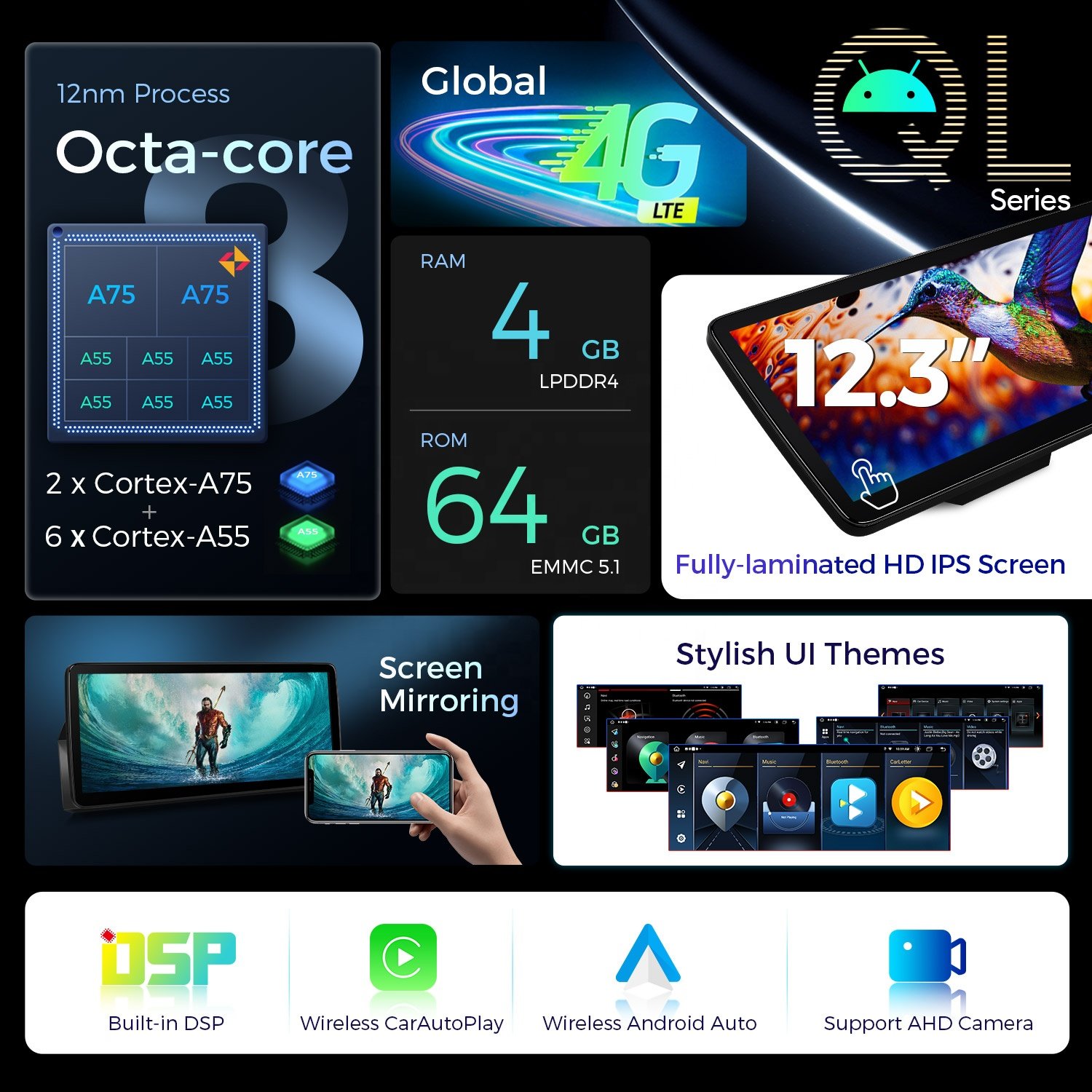 XTRONS 12.3" Android 13 Octa Core Car Screen for BMW 5 Series E60 E61 2005-2010 Carplay Android Auto 4G LTE Car Android Player