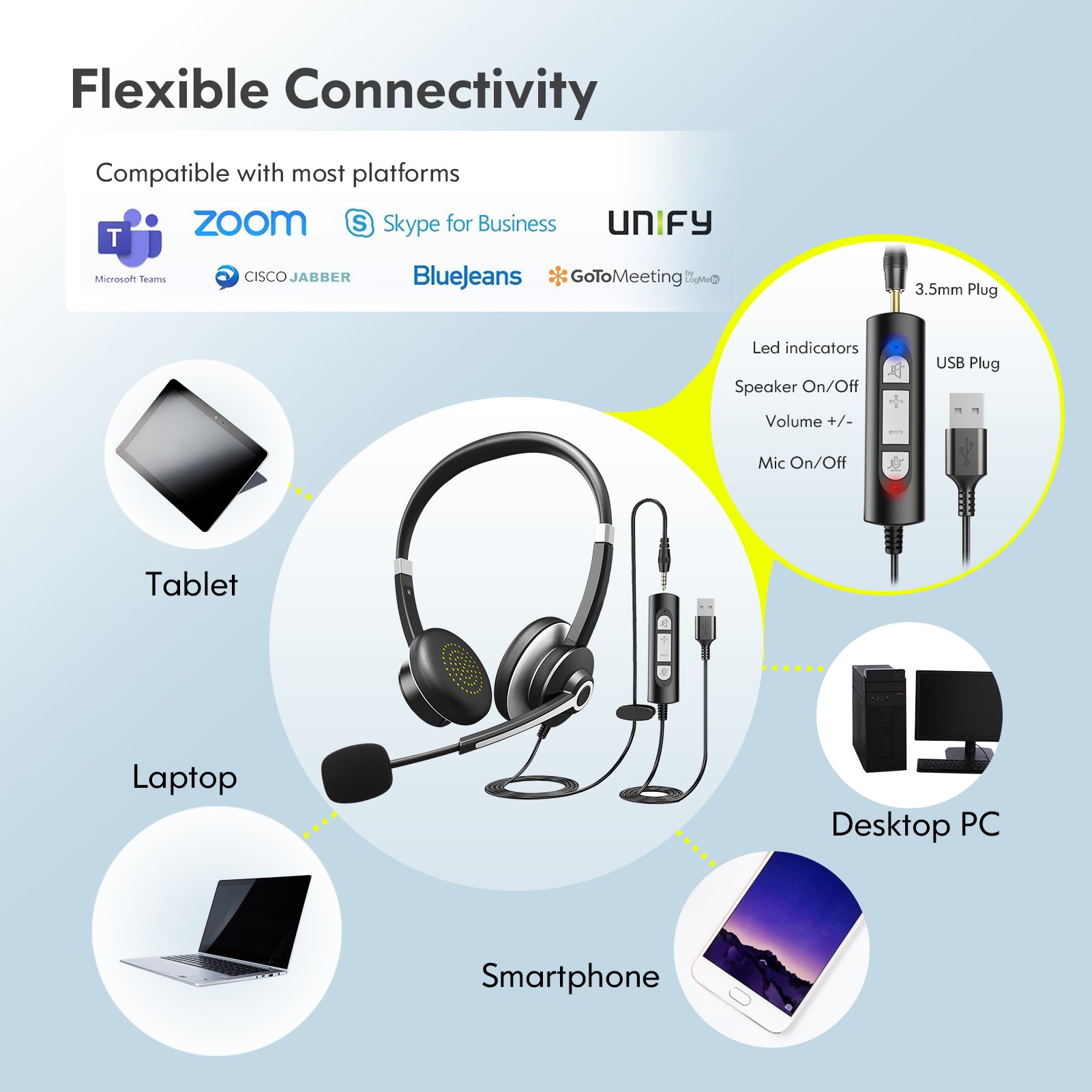 Wired USB headset office computer headset headband headset with microphone and noise cancelling microphone