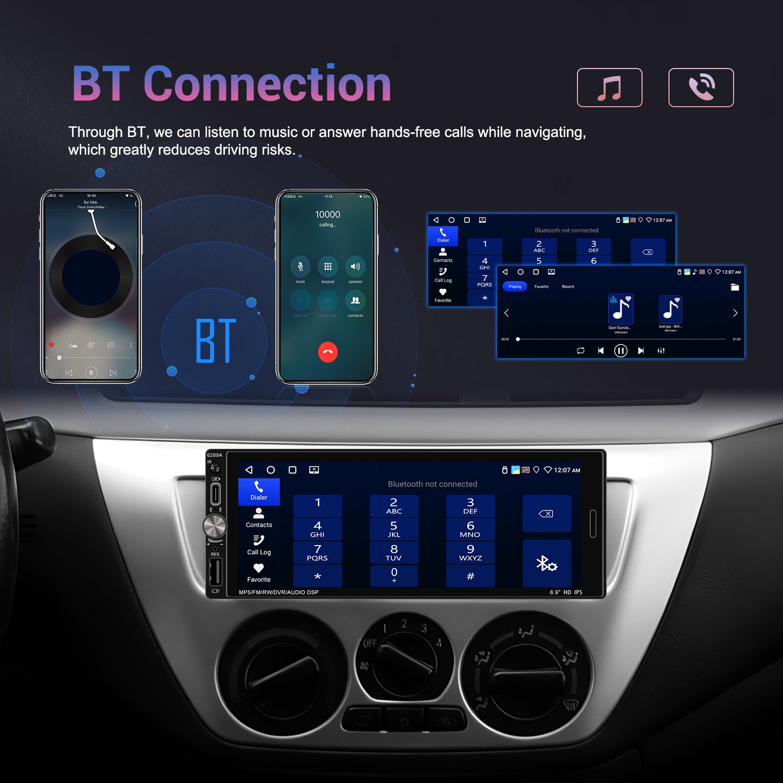 Podofo 1 Din Android Car Stereo 6.9" IPS Screen Wireless Carplay/Android Auto/BT/GPS/DSP/Wifi/FM/RDS/EQ ODM OEM Car Radio