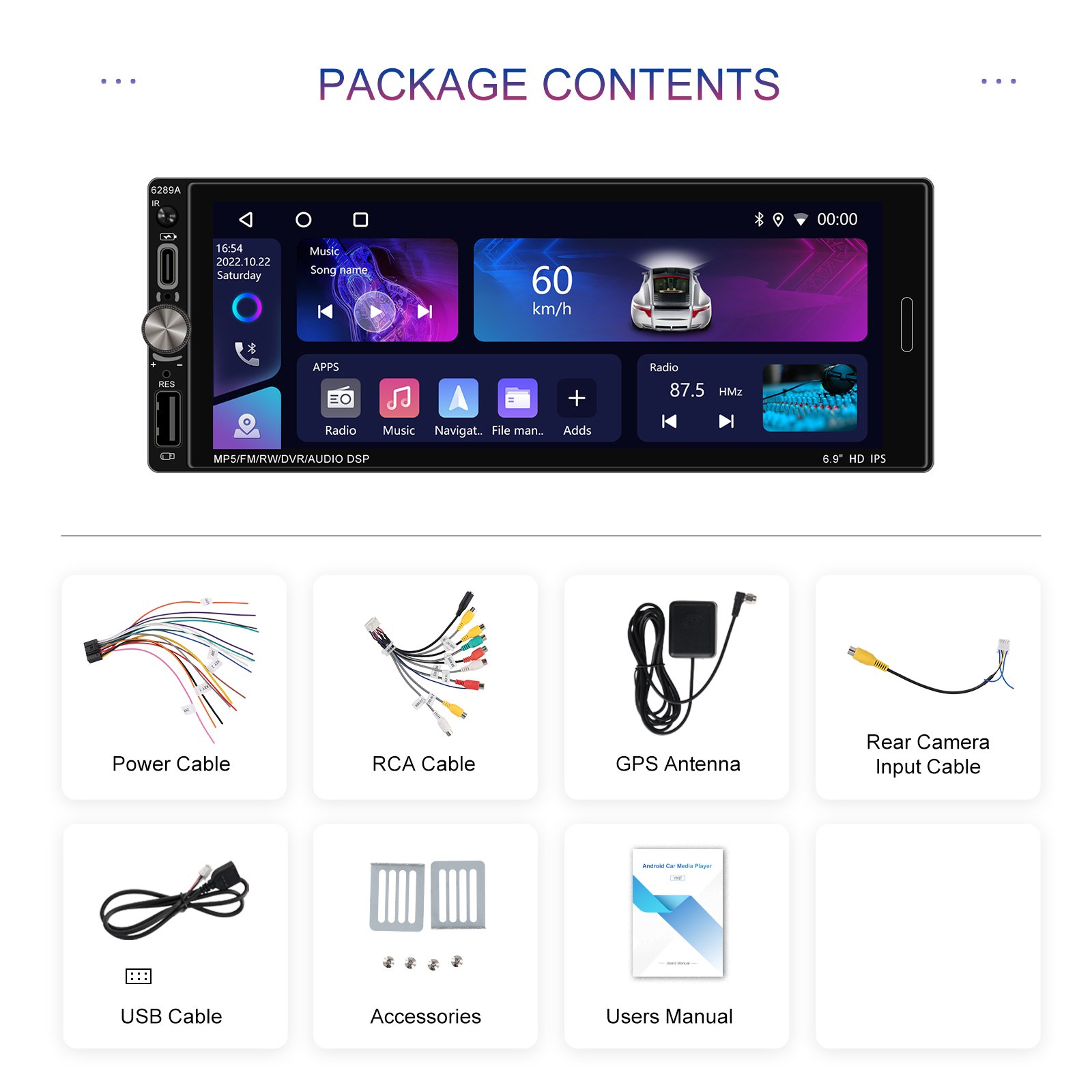 Podofo 1 Din Android Car Stereo 6.9" IPS Screen Wireless Carplay/Android Auto/BT/GPS/DSP/Wifi/FM/RDS/EQ ODM OEM Car Radio