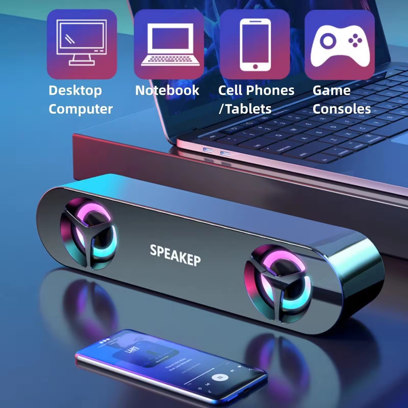 Cheap E-1408 AUX wired soundbar RGB 7-colors light 2-horn subwoofer 6W laptop/desktop/TV wireless Bluetooth speaker