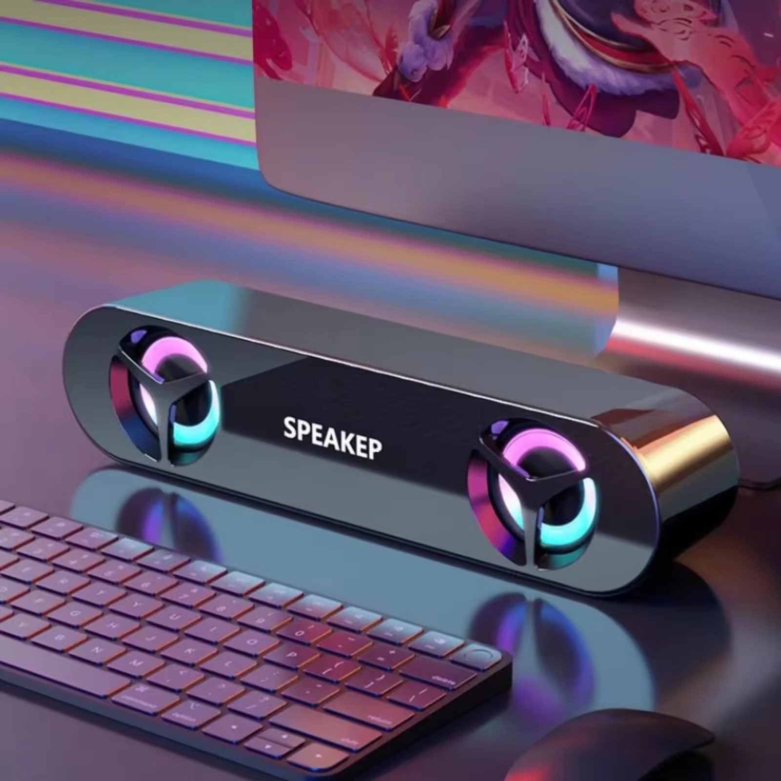 Cheap E-1408 AUX wired soundbar RGB 7-colors light 2-horn subwoofer 6W laptop/desktop/TV wireless Bluetooth speaker