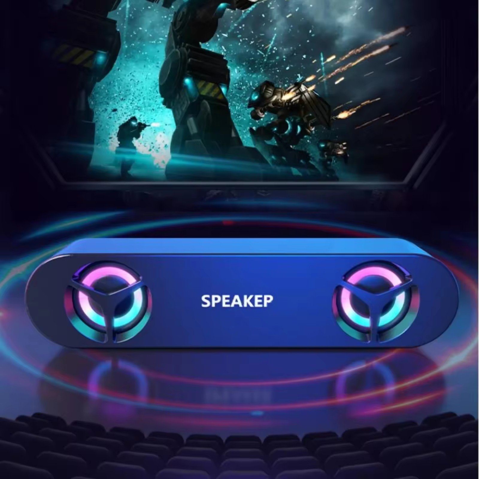 Cheap E-1408 AUX wired soundbar RGB 7-colors light 2-horn subwoofer 6W laptop/desktop/TV wireless Bluetooth speaker