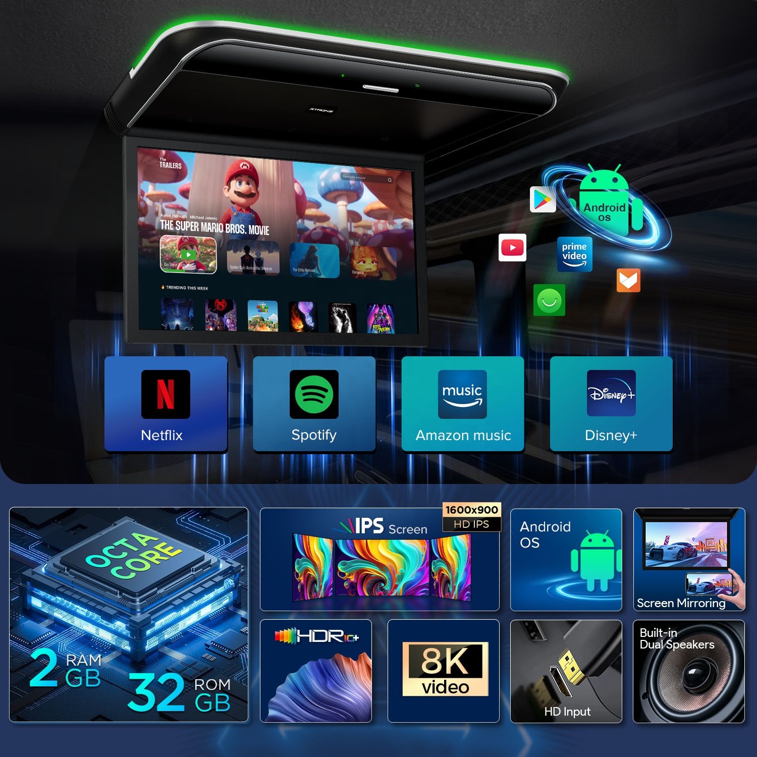 XTRONS 19.5" 8K IPS Car Screen Bus TV Monitor Advertising Display Built in Speaker Ceiling Multimedia Android Car Roof Monitor
