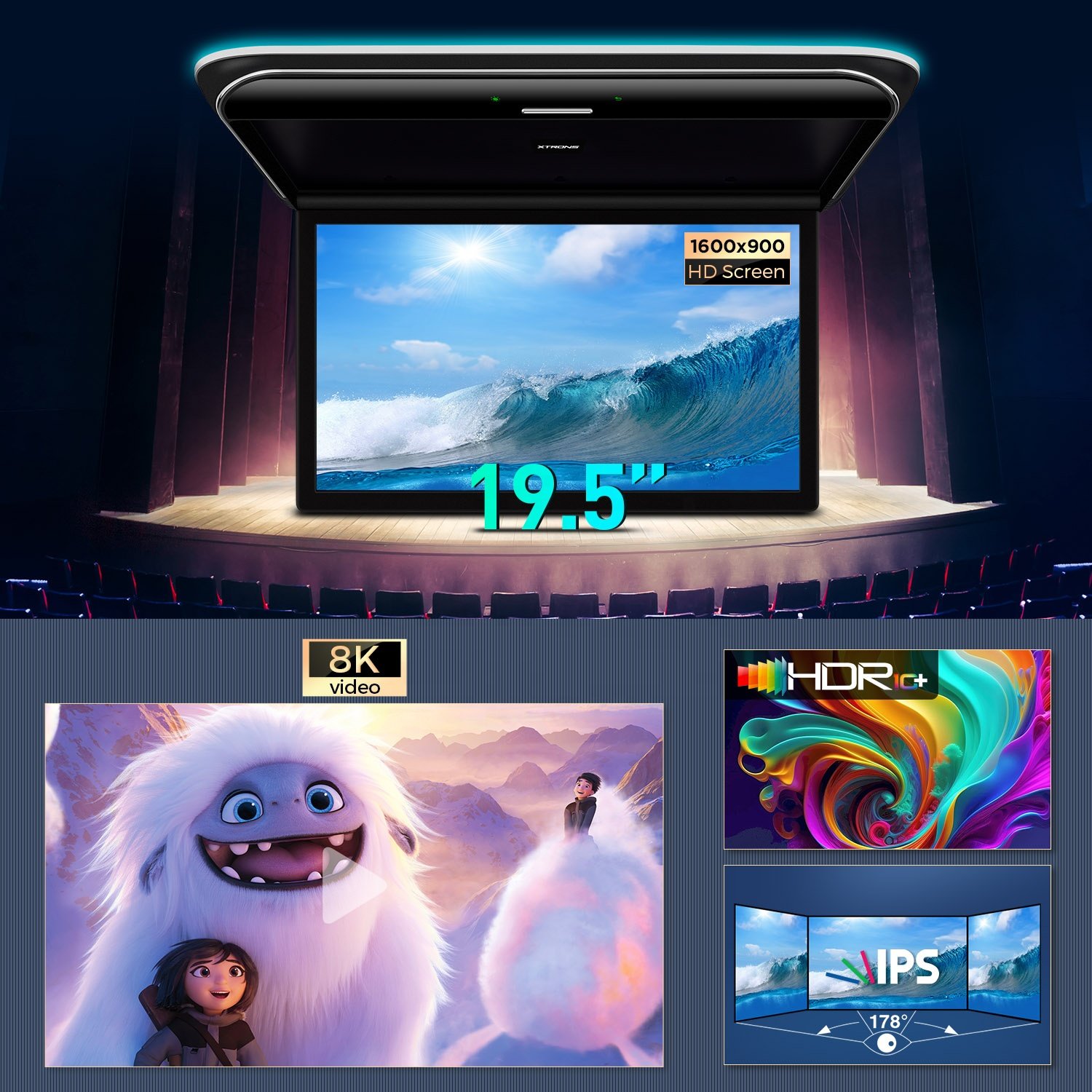 XTRONS 19.5" 8K IPS Car Screen Bus TV Monitor Advertising Display Built in Speaker Ceiling Multimedia Android Car Roof Monitor
