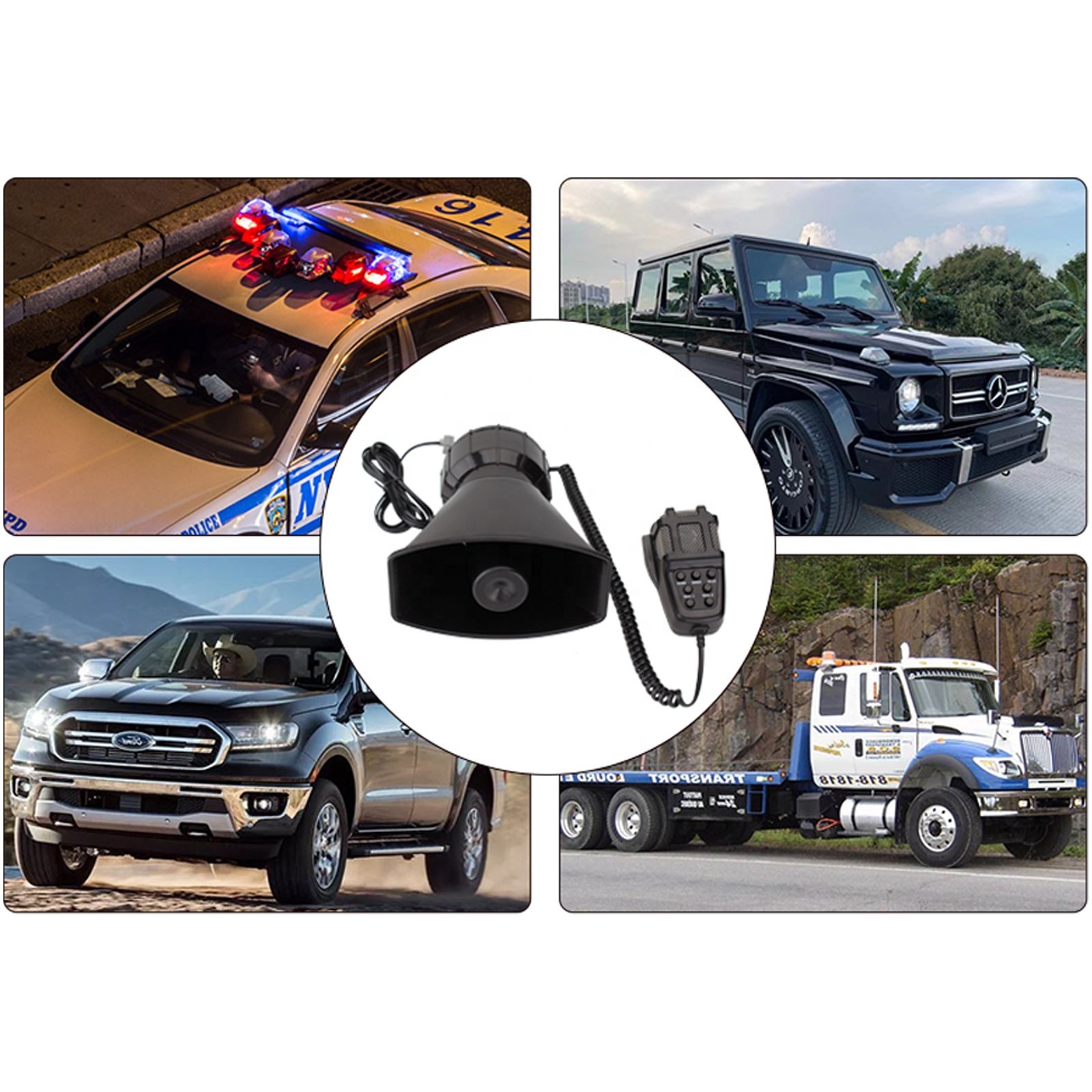 C- Car Siren Horn 7 Tone Siren Vehicle Loudspeaker with Handheld Microphone Amplifier 12V 100W Emergency Sounds