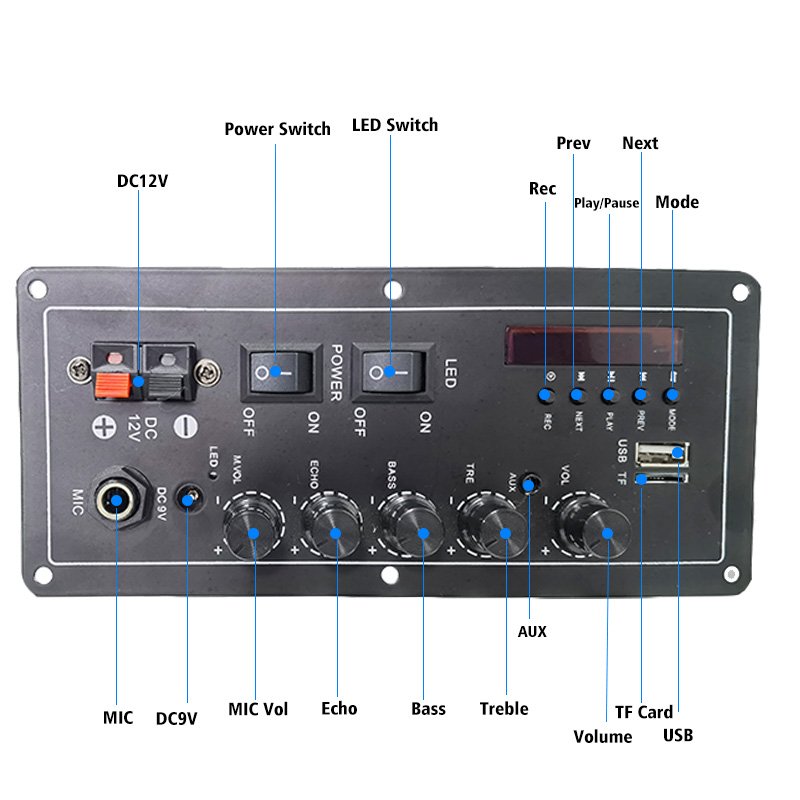 Hot Sale Rechargeable 12V Digital BT MIC Home Stereo Receiver Amplifier FM Receiver TF USB Mixer 2CH Karaoke Power Cars