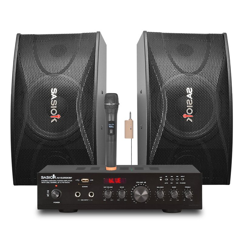SW-1010B Super Bass 10" Home Karaoke Set 2x10" Woofer Speakers+1 Mic Echo BT/USB/SD/MMC/AUX/FM Radio Professional Amplifier