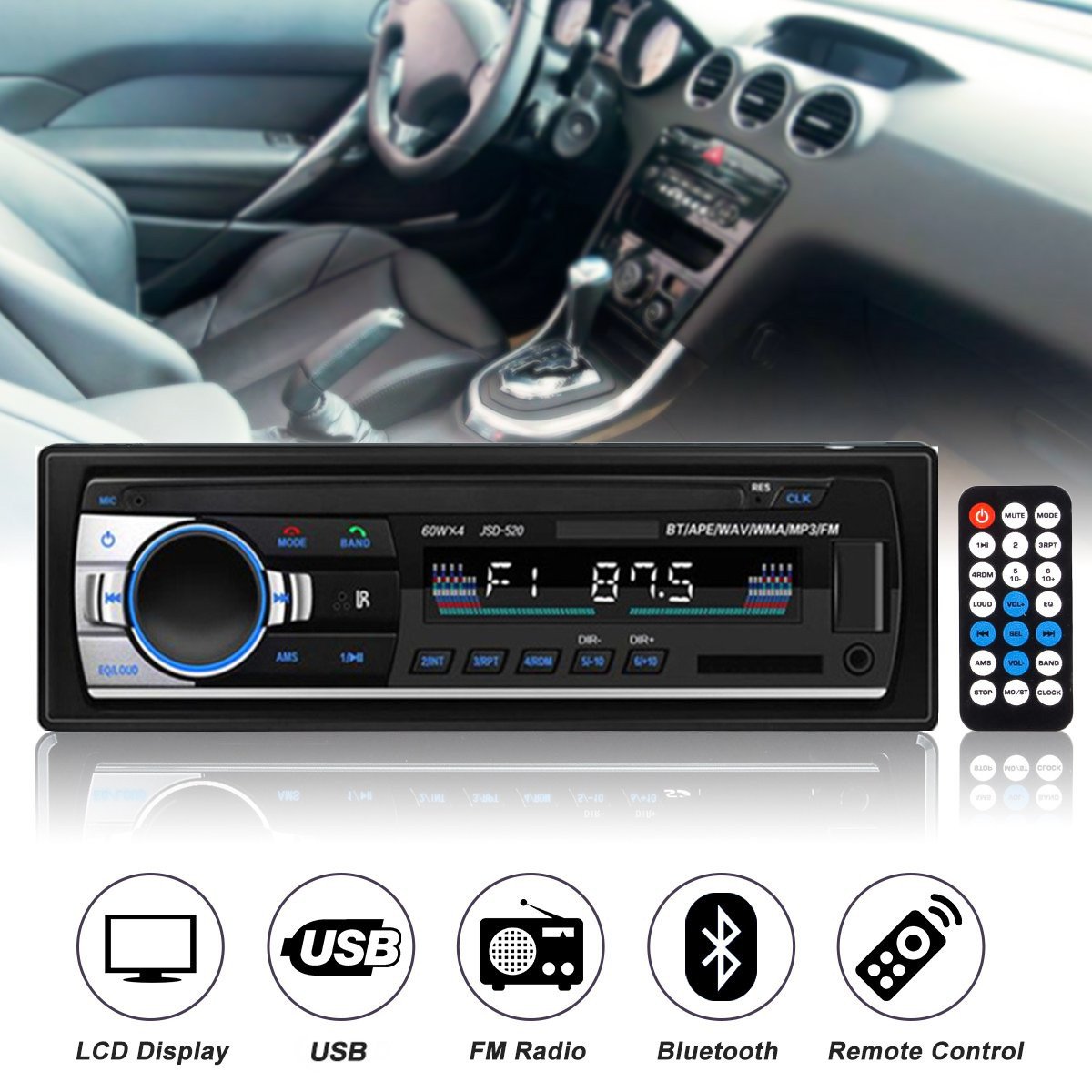 Car Audio Radio 1din Bluetooth Stereo MP3 Player FM Receiver 12V Support Phone Charging AUX/USB/TF Card in Dash Kit
