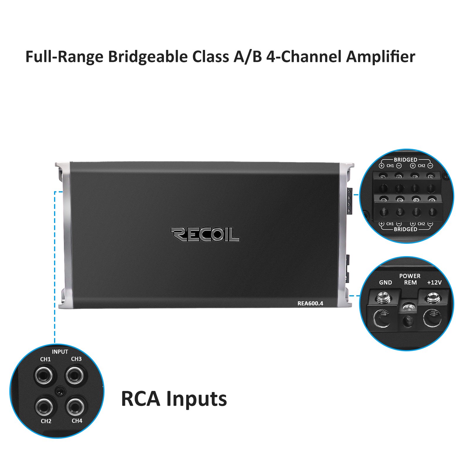 REA600.4 1040 Watts Full-Range Class A/B 4-Channel Car Audio Amplifier, 2-3 Ohm Stable, Mosfet Power Supply, Bridgeable