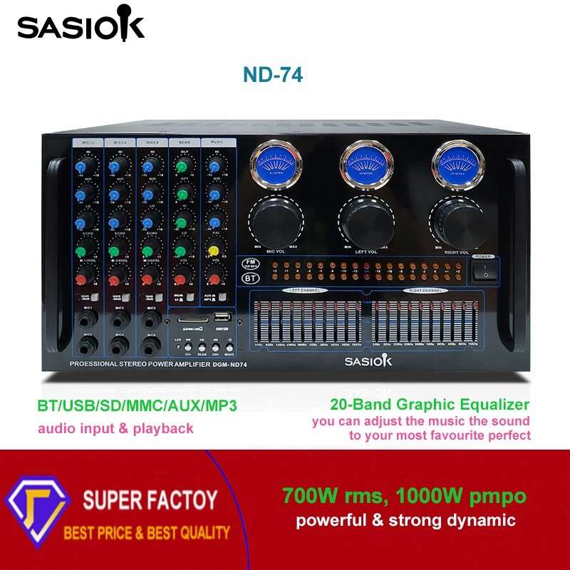 Mic Echo/delay 20-band Graphic Equalizer ND74 Digital Karaoke Amplifier with BT/USB/SD/MMC/AUX/MP3/FM Radio/VU Meter Functions.