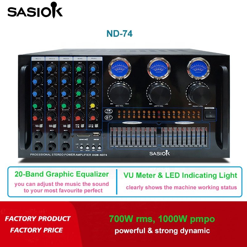 Mic Echo/delay 20-band Graphic Equalizer ND74 Digital Karaoke Amplifier with BT/USB/SD/MMC/AUX/MP3/FM Radio/VU Meter Functions.