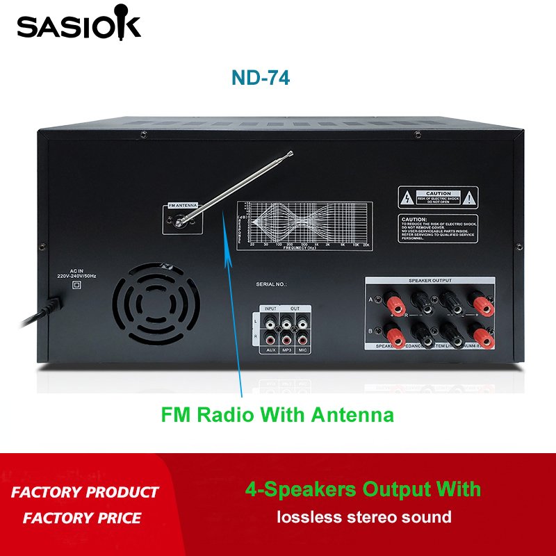 Mic Echo/delay 20-band Graphic Equalizer ND74 Digital Karaoke Amplifier with BT/USB/SD/MMC/AUX/MP3/FM Radio/VU Meter Functions.