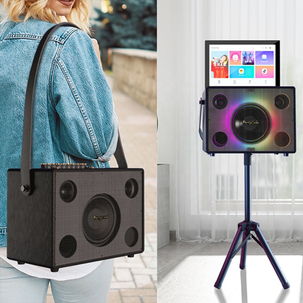 PartyCube karaoke System Portable Outdoor Speakers with 14 inch Touch Screens RBG Disco Light Vibration Song Machine