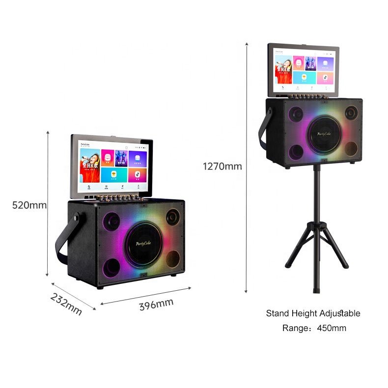PartyCube karaoke System Portable Outdoor Speakers with 14 inch Touch Screens RBG Disco Light Vibration Song Machine