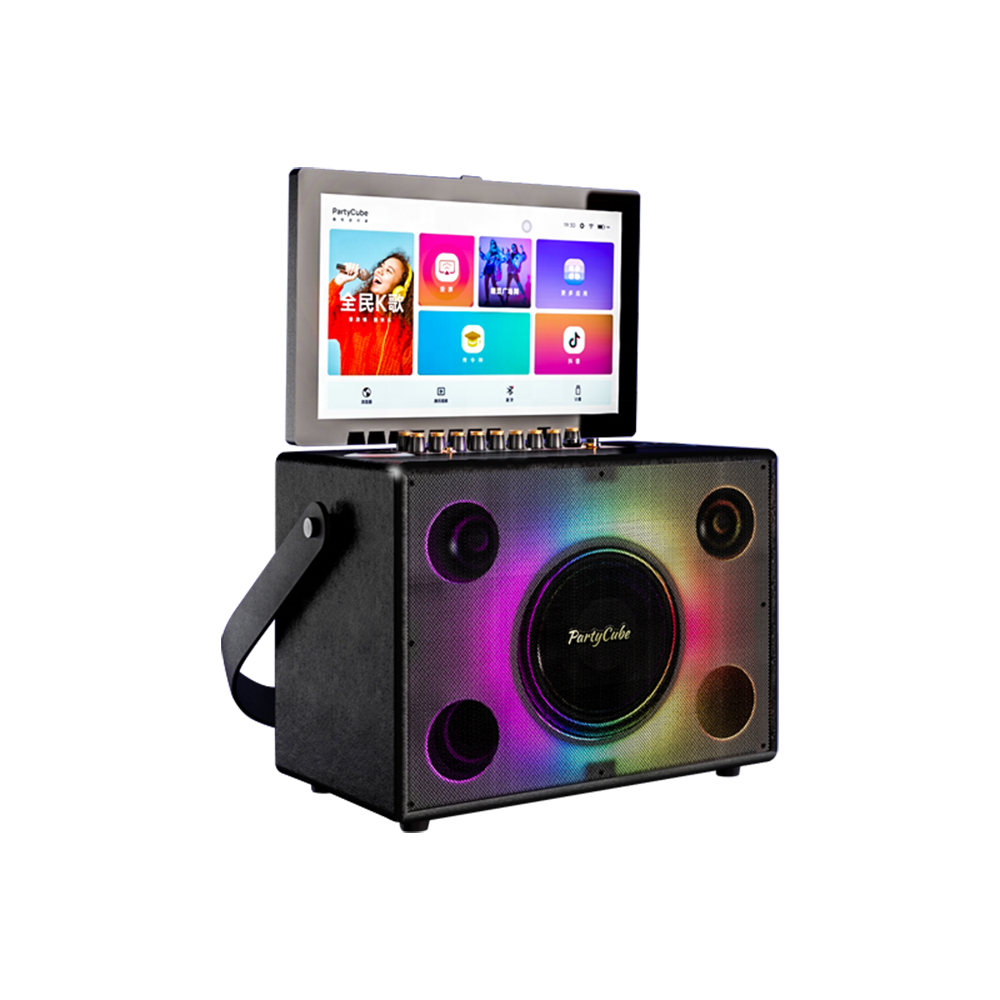 PartyCube karaoke System Portable Outdoor Speakers with 14 inch Touch Screens RBG Disco Light Vibration Song Machine