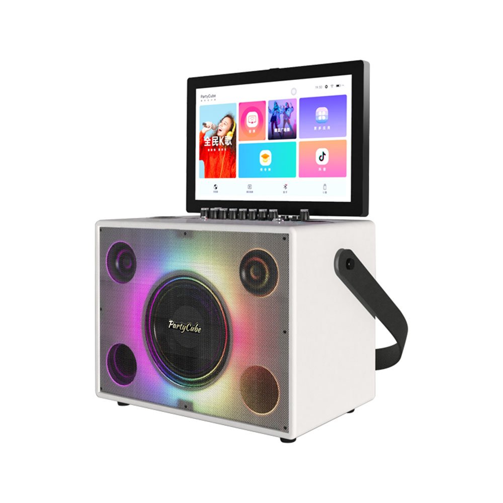 PartyCube karaoke System Portable Outdoor Speakers with 14 inch Touch Screens RBG Disco Light Vibration Song Machine