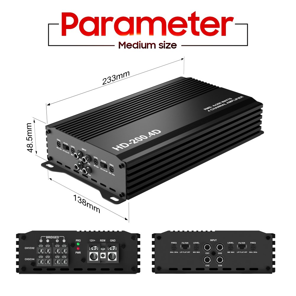 HD-200.4D Class D 4 Channels RMS 4*200W Max 2400w Compact Size High Power Car Amplifier 12V
