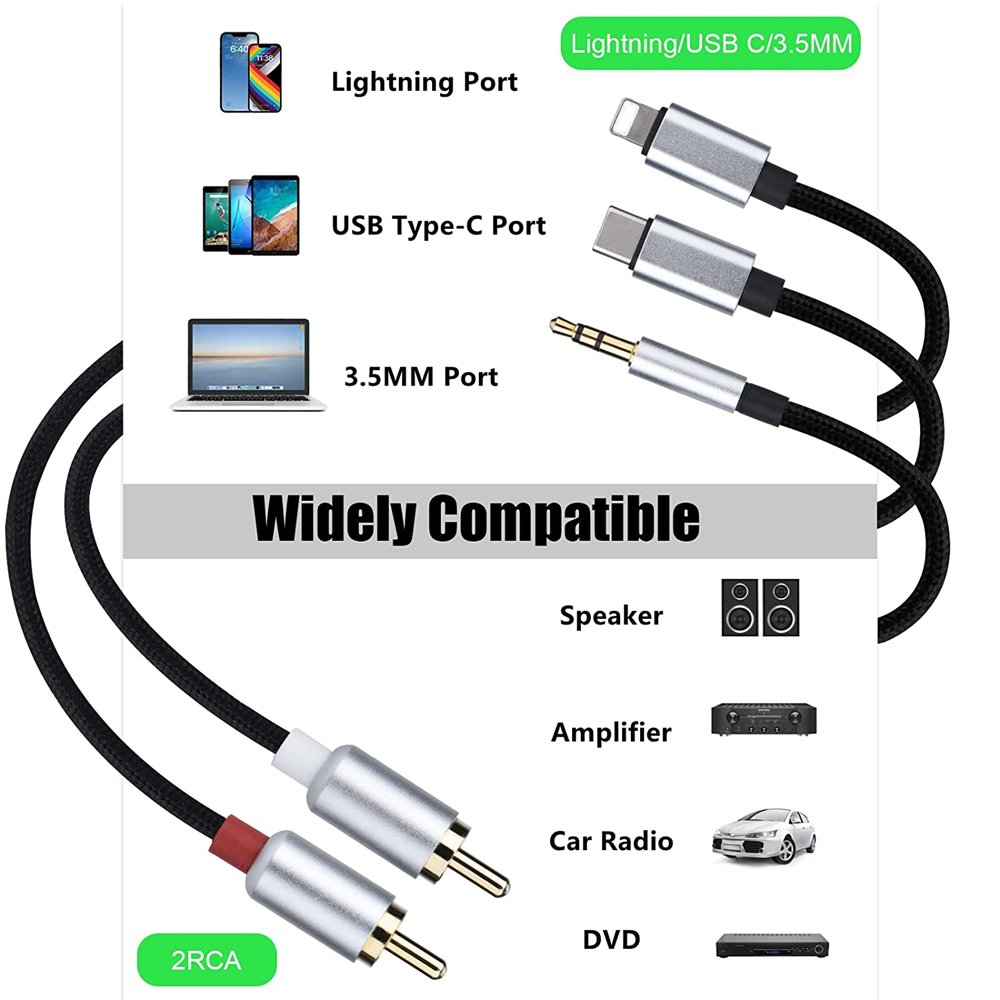 8 Pin to RCA Cable Audio Aux Adapter Cable USB C to 2 RCA Audio Cable for Power Amplifier Car Home Theater Gold PVC Polybag
