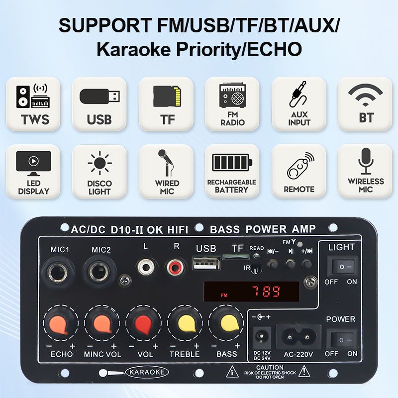 VIRE LED Display Card Plug-in Bluetooth Car Mono 30W Amplifier Board With Reverb and Microphone Function