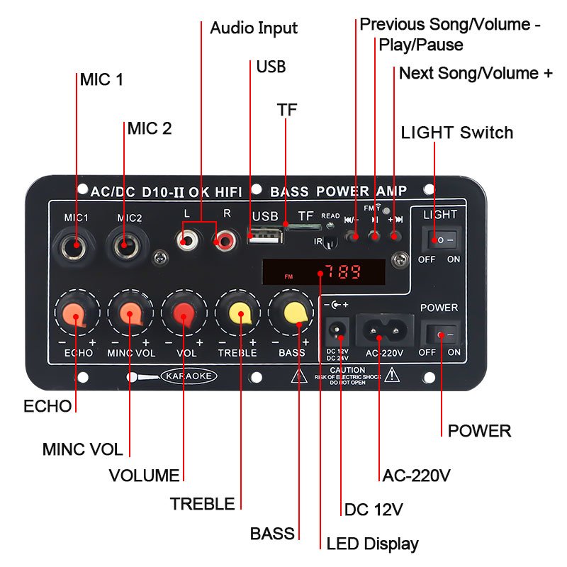 VIRE LED Display Card Plug-in Bluetooth Car Mono 30W Amplifier Board With Reverb and Microphone Function