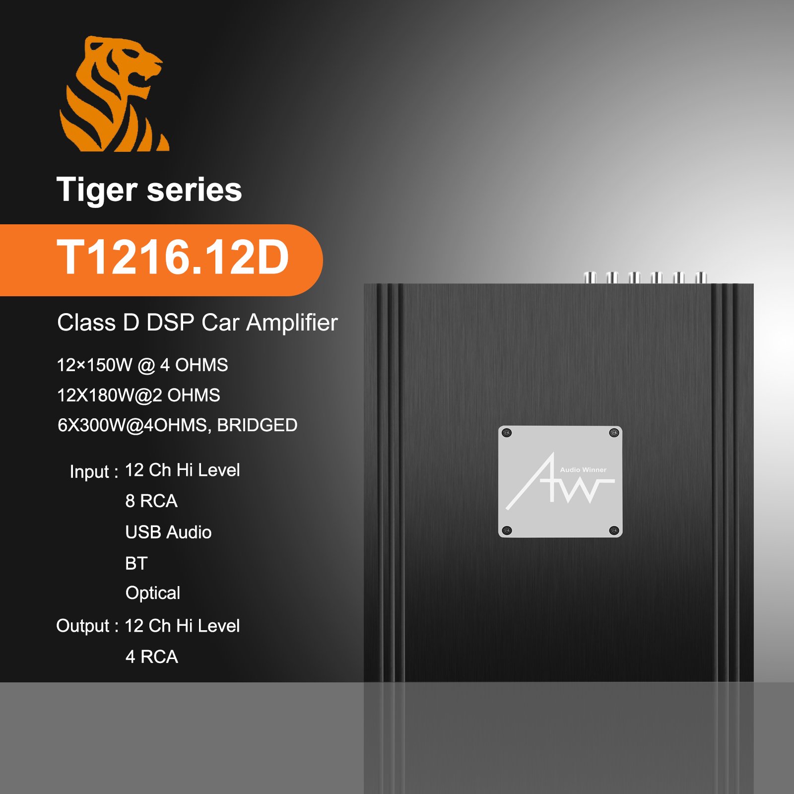 AudioWinner T1216.12D 16 Channel Dsp Car Audio Class D Car Amplifier with Aluminium Housing Equalizers and Crossovers for Monos