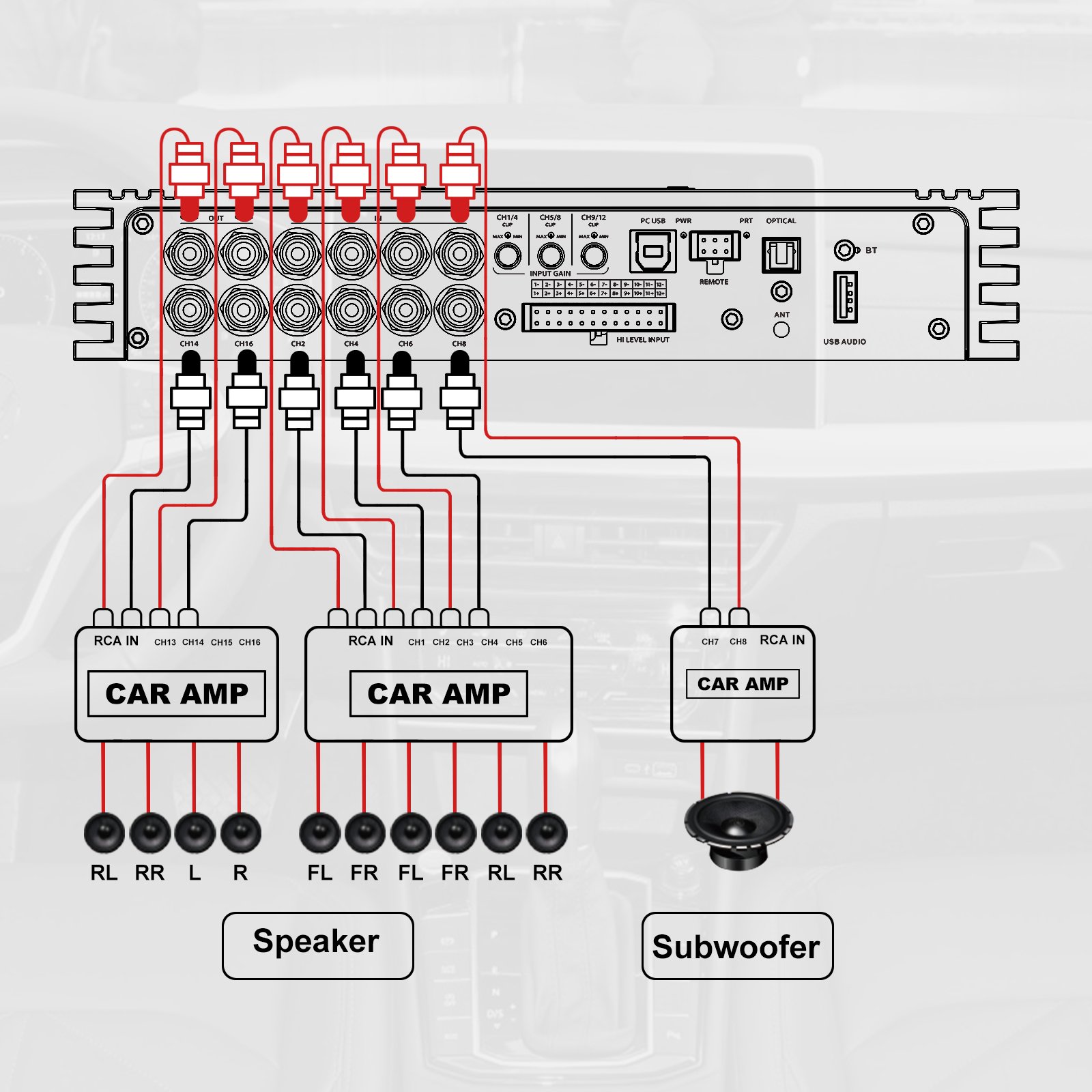 AudioWinner T1216.12D 16 Channel Dsp Car Audio Class D Car Amplifier with Aluminium Housing Equalizers and Crossovers for Monos