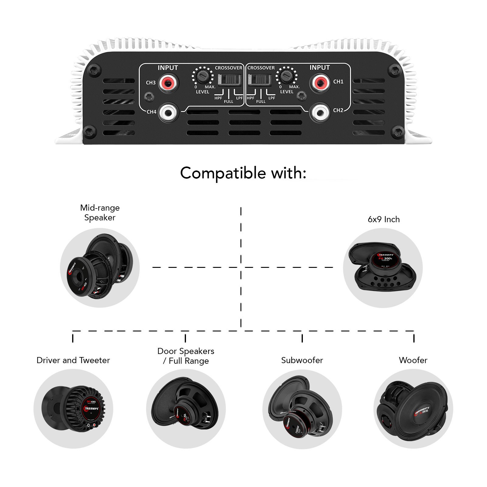Taramps DS 1200x4 2 Ohms 1200 Watts RMS 4 Channel 300 Watts RMS Digital Crossover HPF LPF Bridgedable Car Audio Amplifier