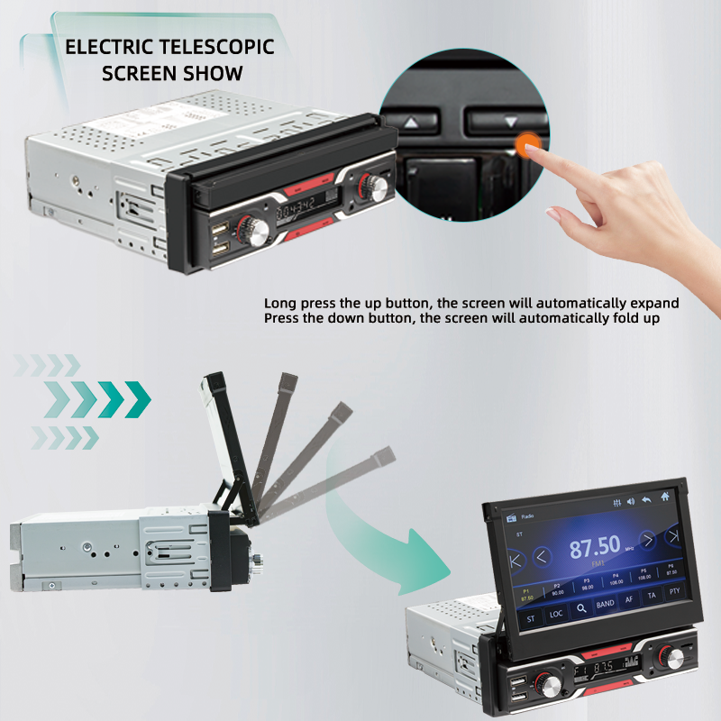 7in Retractable Screen 1 Din Car Bluetooth Mp5 Player Car AM/FM/RDS Radio Carplay