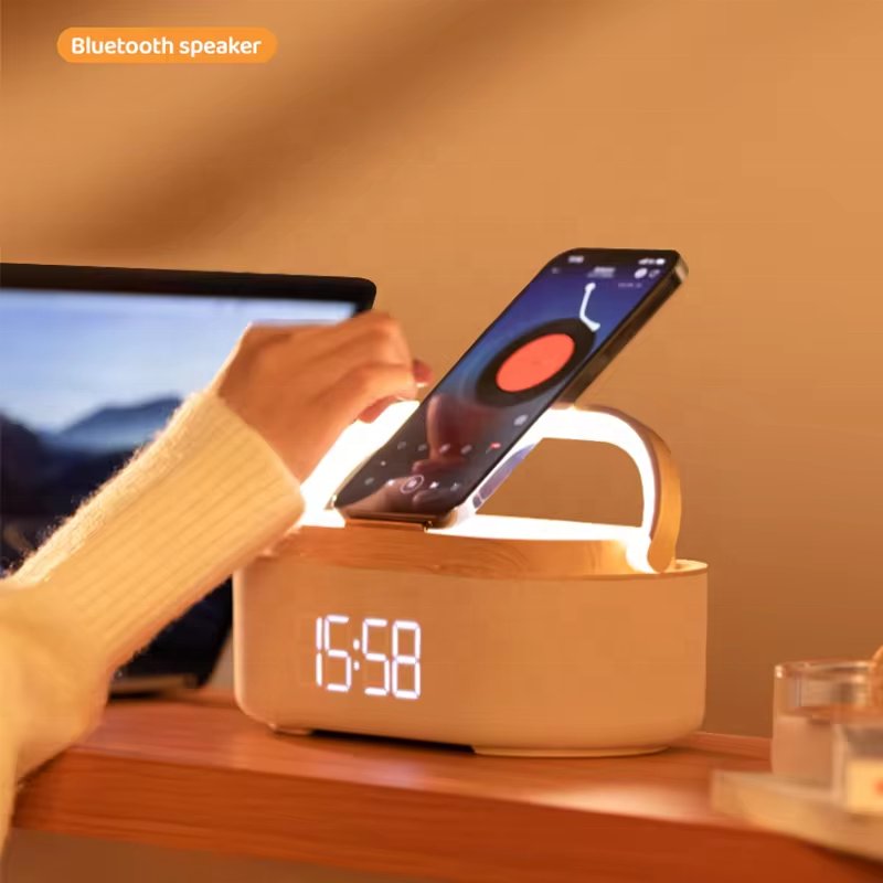 Trending Hot Products Creative Gift Multifunctional Touch Alarm Clocks Dimming Table Lamp 15W QI Wireless Charger Small Speaker