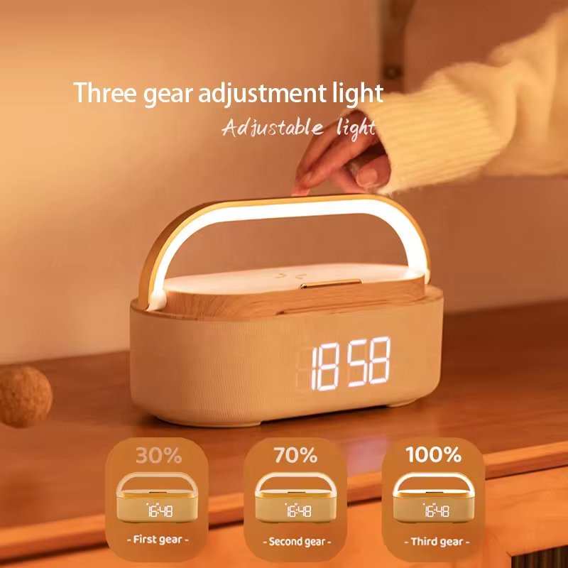 Trending Hot Products Creative Gift Multifunctional Touch Alarm Clocks Dimming Table Lamp 15W QI Wireless Charger Small Speaker